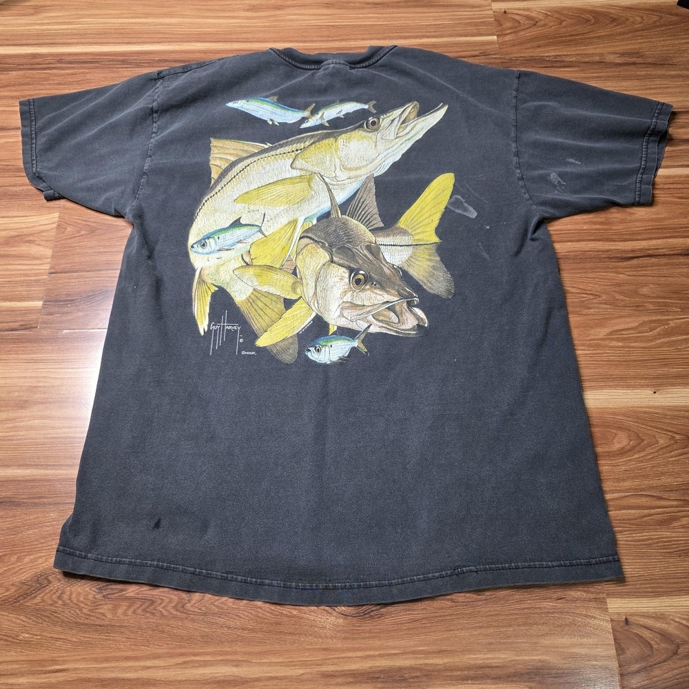 Thrashed Sun Faded Guy Harvey Shirt Mens Large Snook Fish Pocket Ocean Fishing
